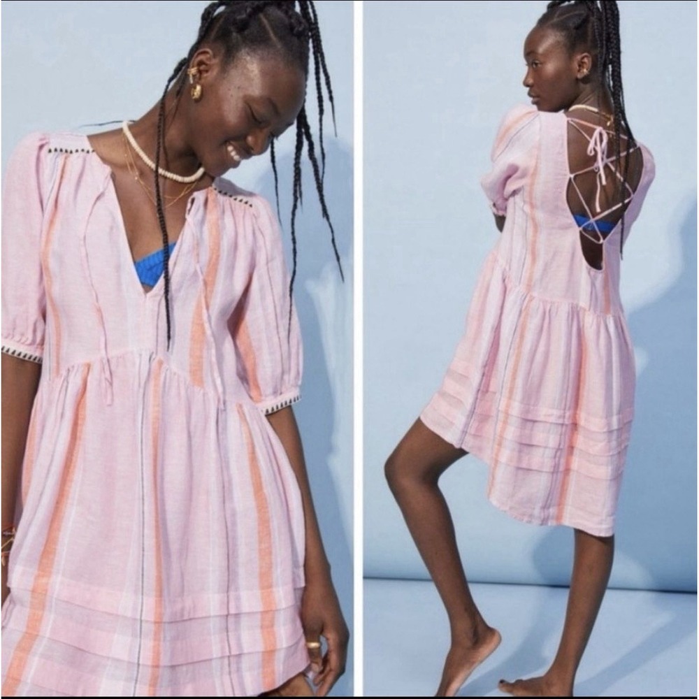 H&M x Lemlem 100% Linen Mini Dress Pink Fit & Flare Sz S Soft Girl Boho Coastal